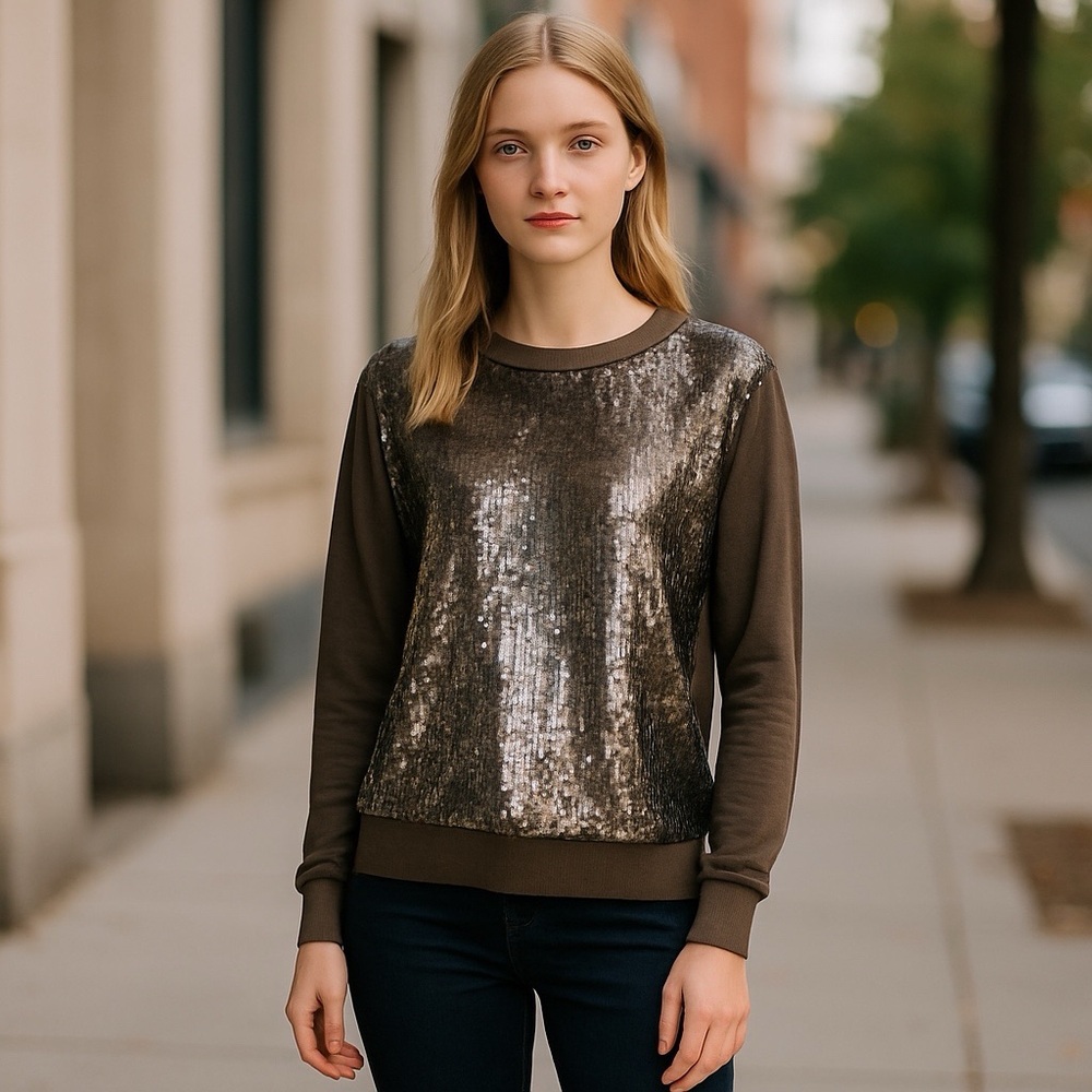 Haute Hippie Sequin Long Sleeve Top - Olive Green